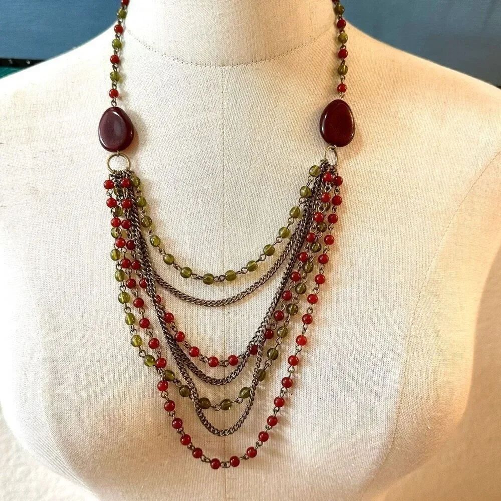 Avon Multi Strand Red Green Beaded Necklace